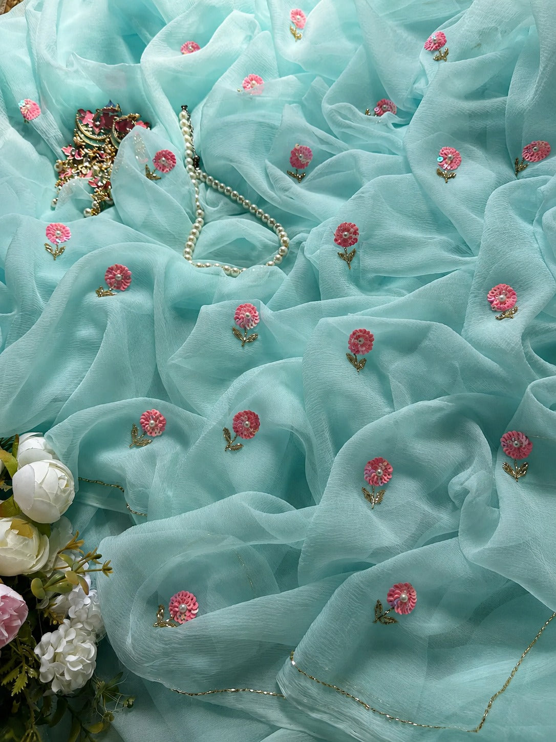 Icy Blue Petunia Chiffon Saree.
