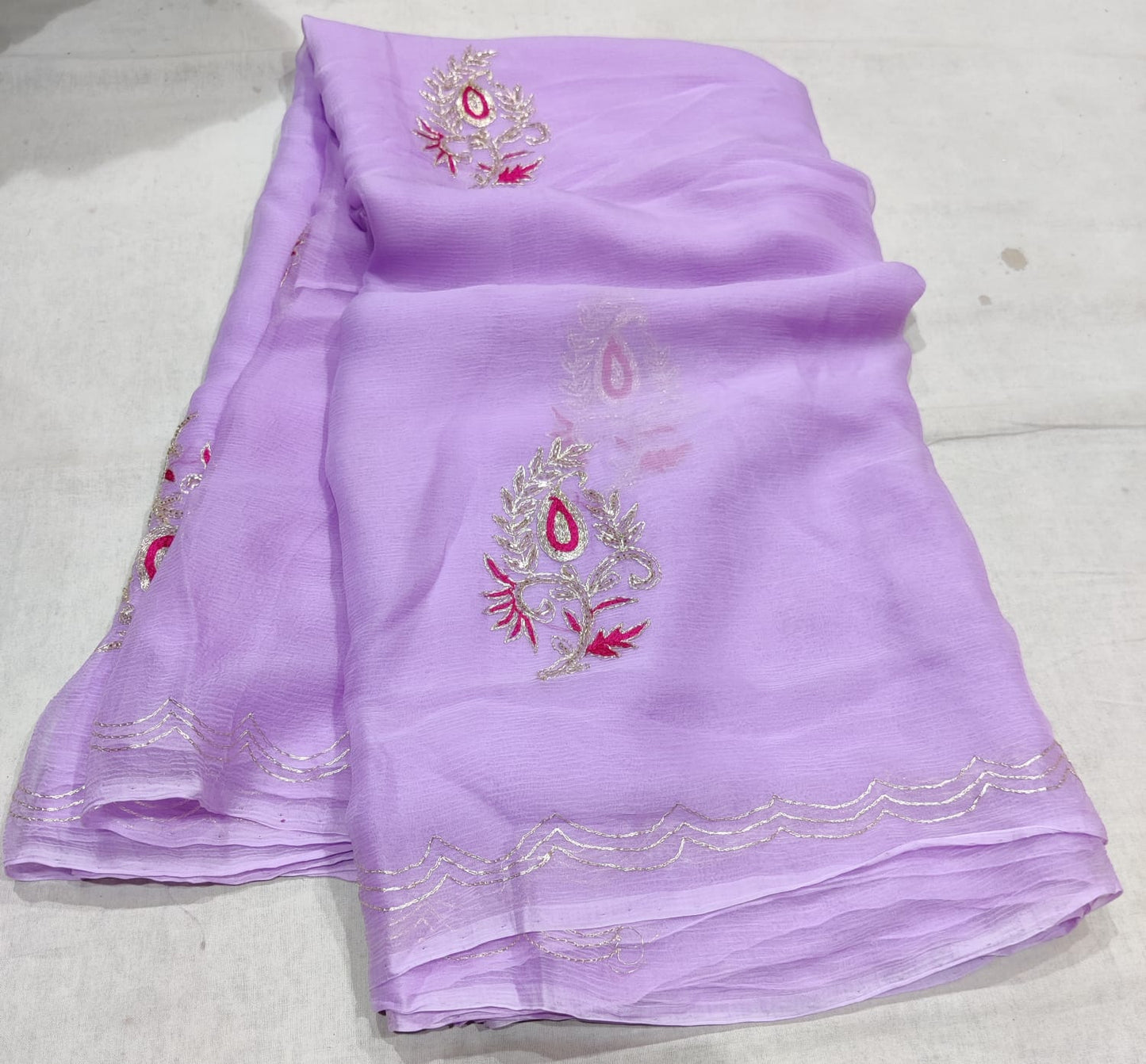 Lavender Pure Chiffon Handwork Saree
