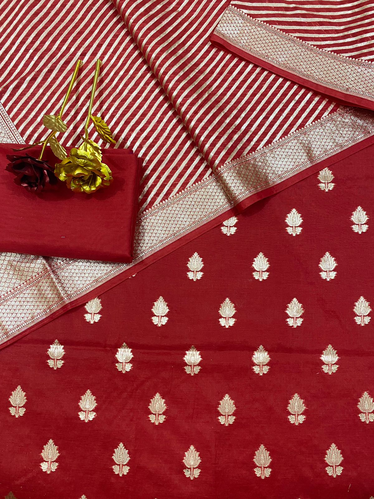 Banarasi Pure Chanderi lorex Zari Booti Suit with Banarasi Pure Chanderi lorex Zari Dupatta