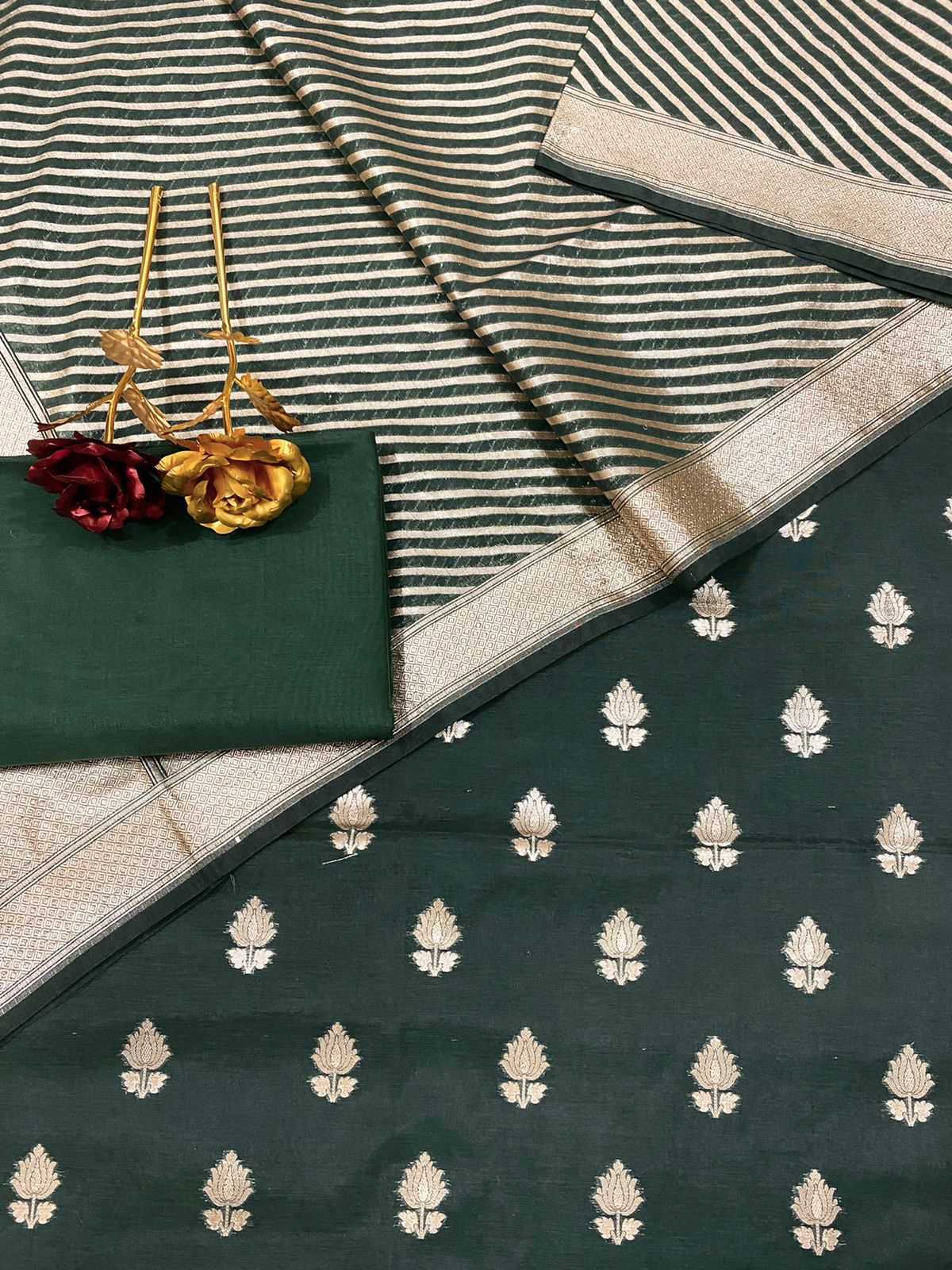 Banarasi Pure Chanderi lorex Zari Booti Suit with Banarasi Pure Chanderi lorex Zari Dupatta