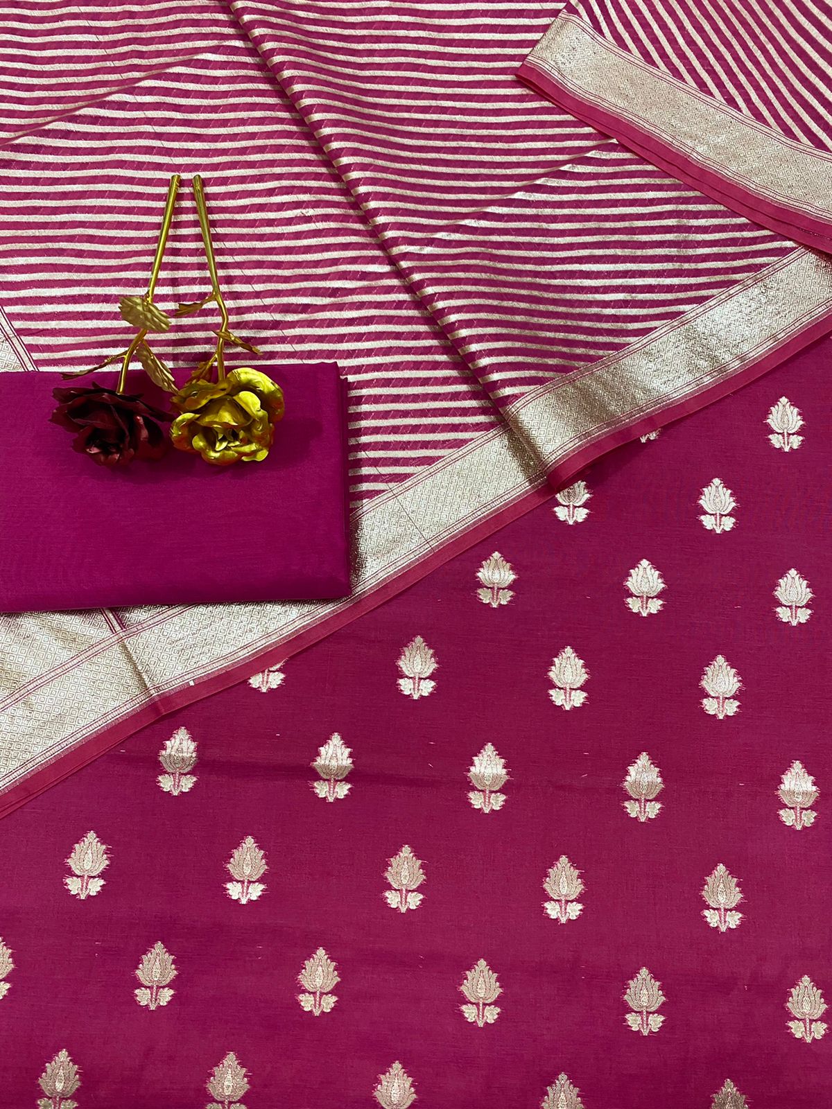 Banarasi Pure Chanderi lorex Zari Booti Suit with Banarasi Pure Chanderi lorex Zari Dupatta