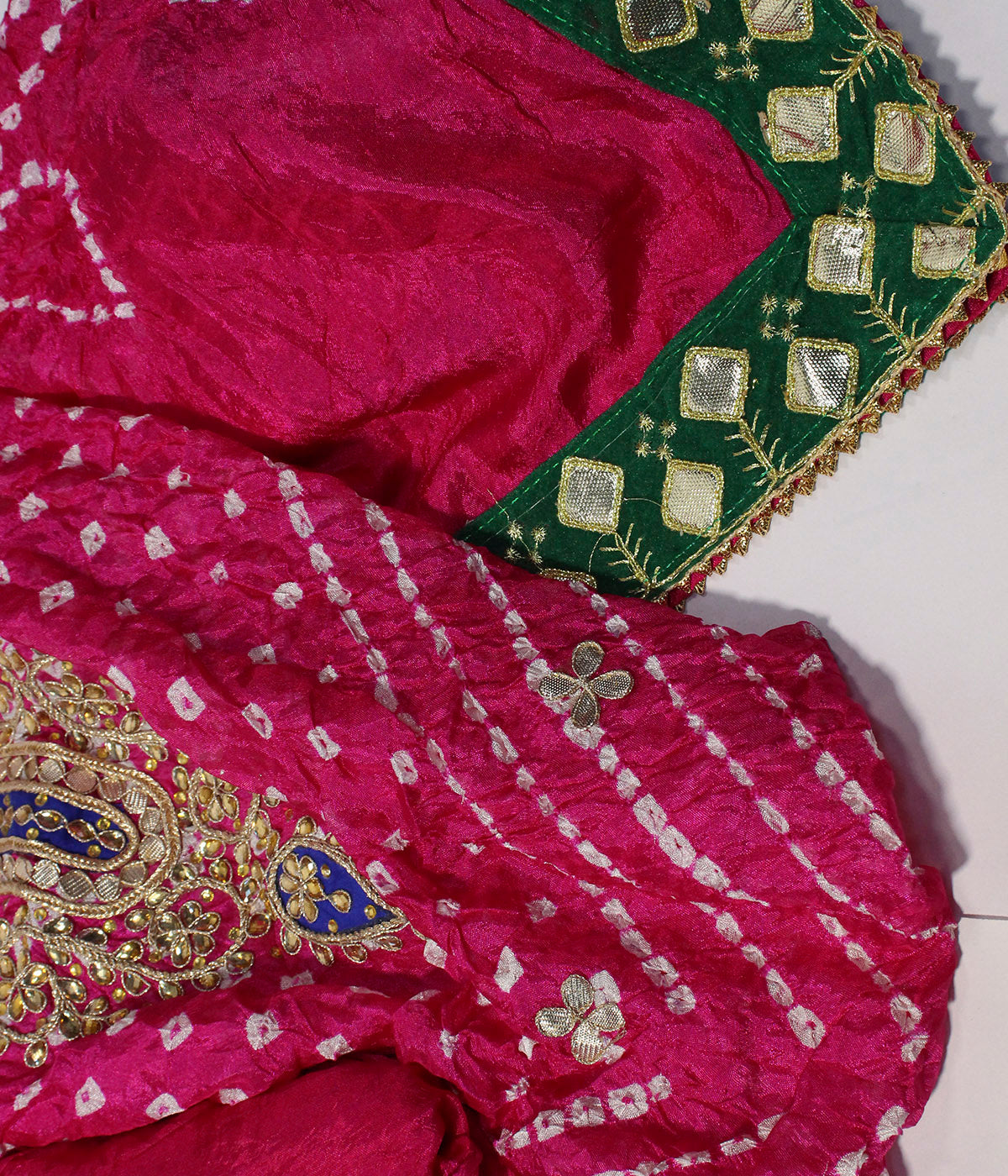 Bandhej Cotton Gota Patti Unsititched Suit. With Kundan Work