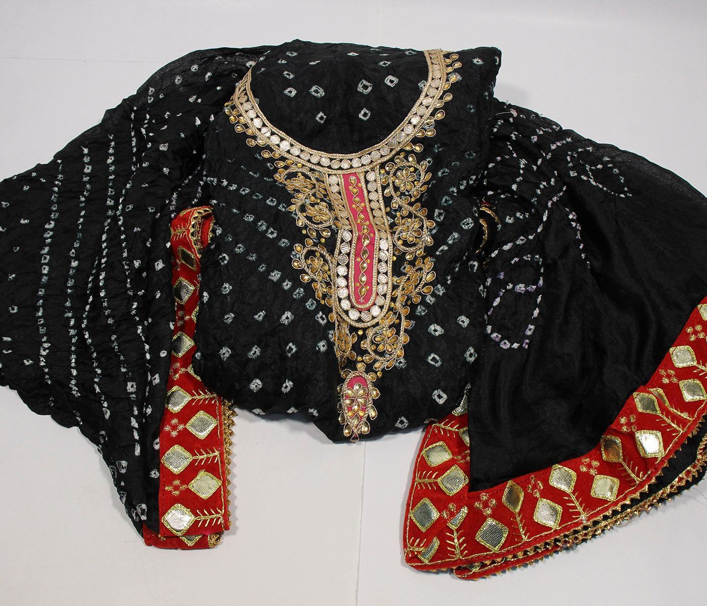 Bandhej Cotton Gota Patti Unsititched Suit. With Kundan Work