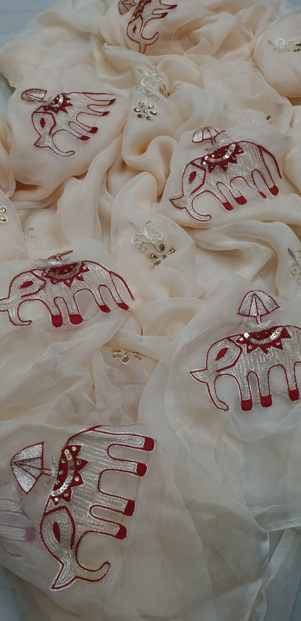 Pure Diamond Chiffon Elephant Work Saree.