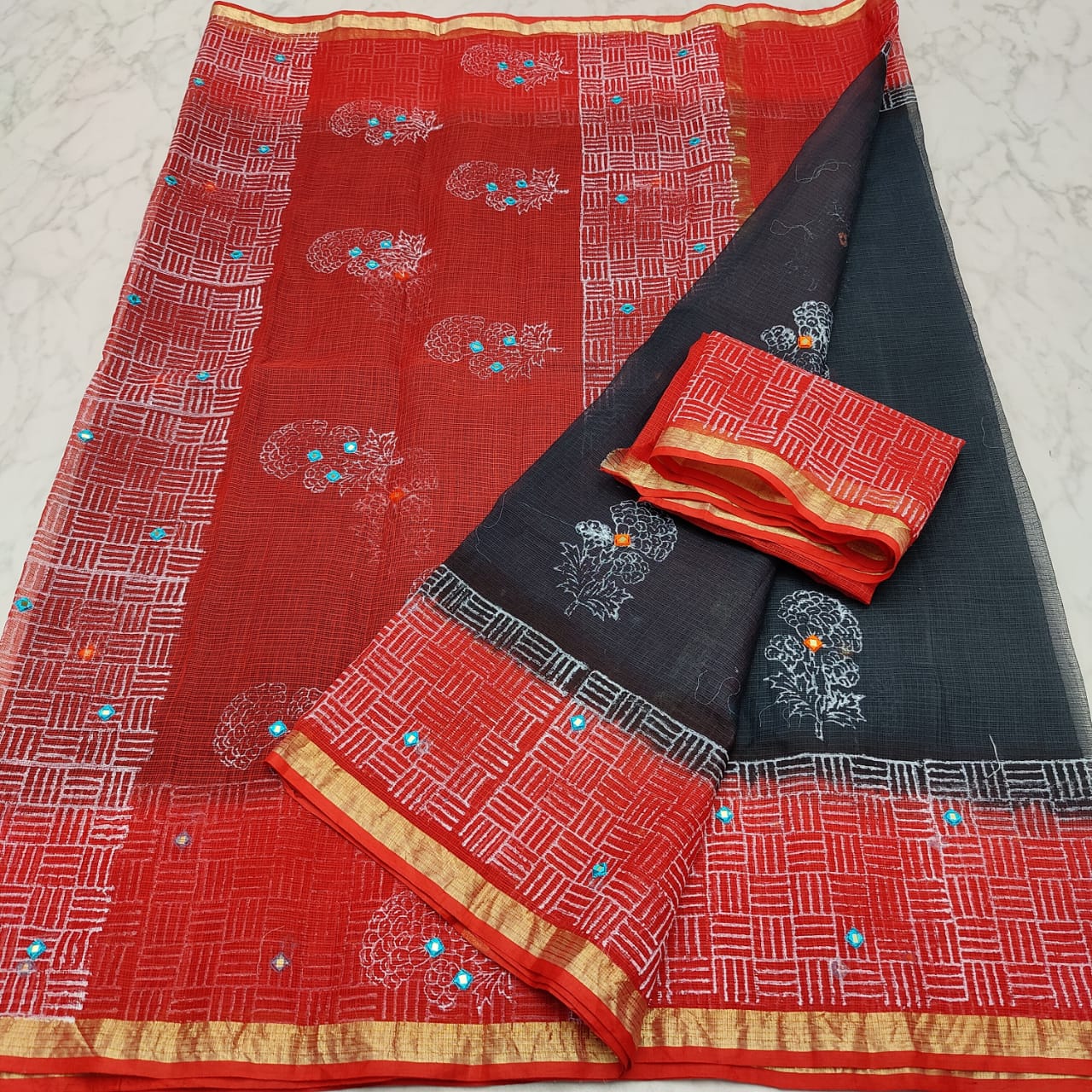 Pure Cotton Kota Printed & Mirror Work Saree With Blouse (Length 6.30)
