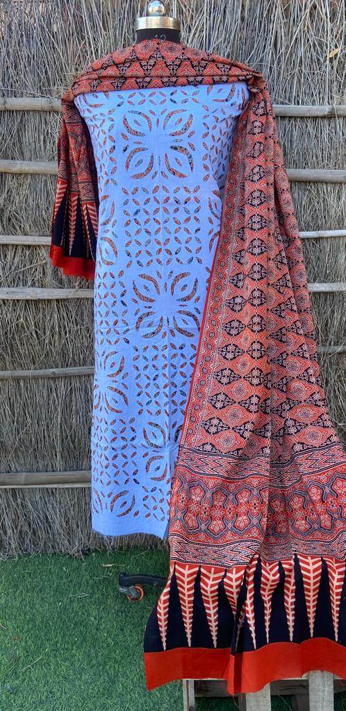 Pure Cotton Azrak Hand Work Unstitched Suits With Azrak Dupatta( Without Bottom)