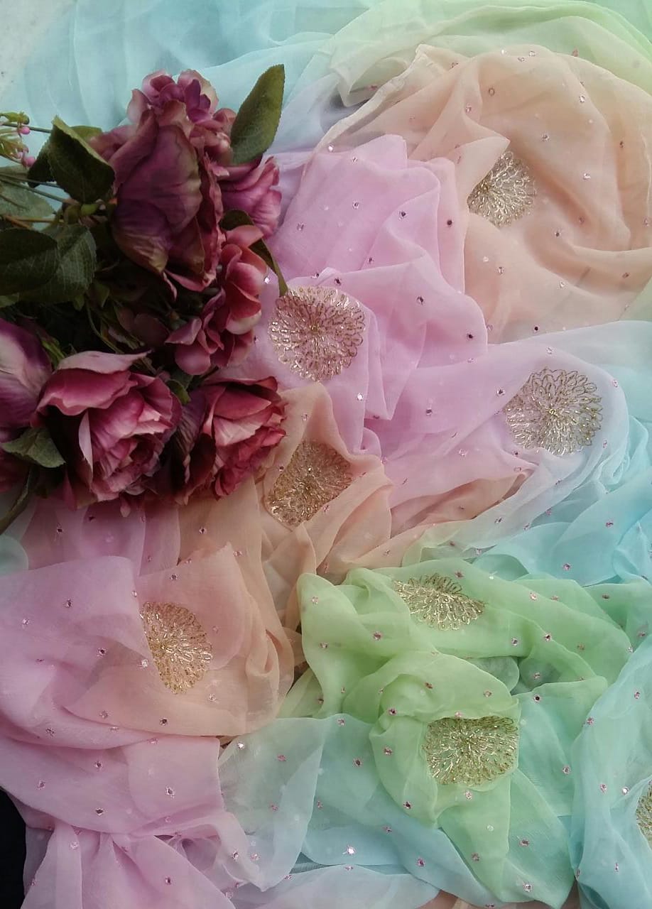 Pure Dimond Chiffon Resham Patti Hand Work Saree With Running Blouse