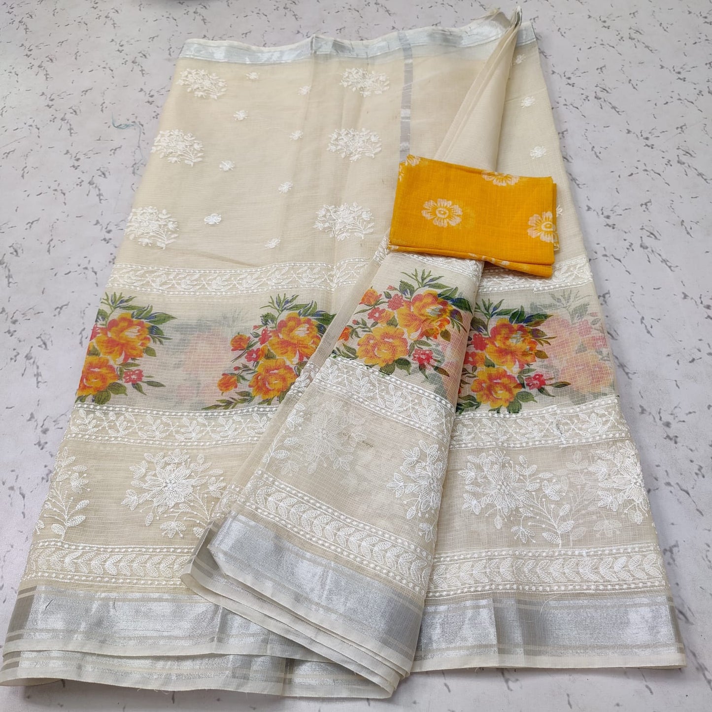 Pure Cotton Kota Doriya Embroidery & Screen Printed Saree