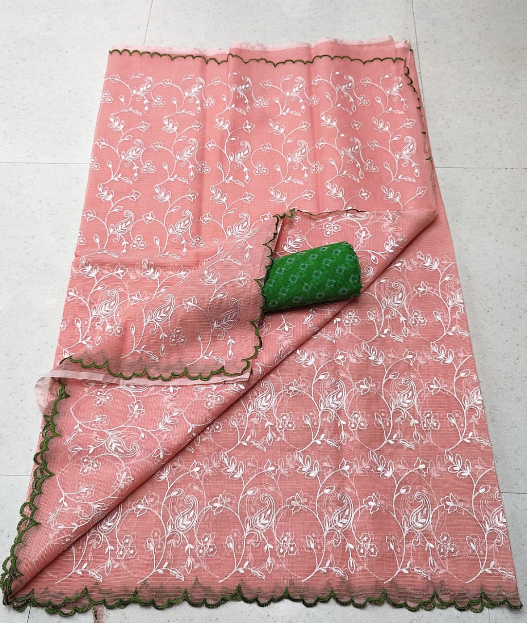 Kota Doriya Soft Cotton Chickenkari Embroidery Work Saree With Blouse