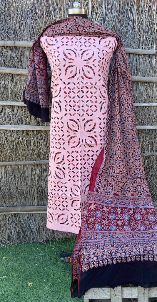 Pure Cotton Azrak Hand Work Unstitched Suits With Azrak Dupatta( Without Bottom)