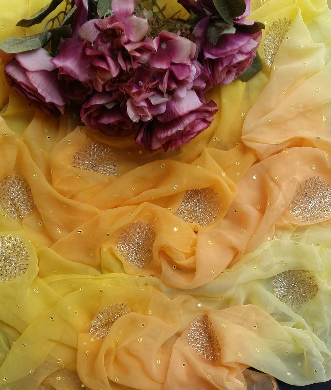 Pure Dimond Chiffon Resham Patti Hand Work Saree With Running Blouse