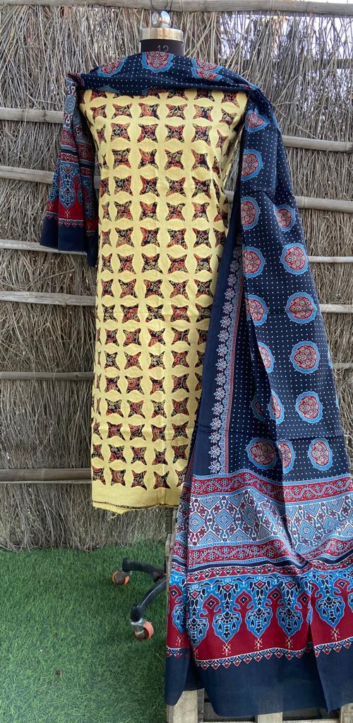 Pure Cotton Azrak Hand Work Unstitched Suits With Ajrakh Dupatta( Without Bottom)