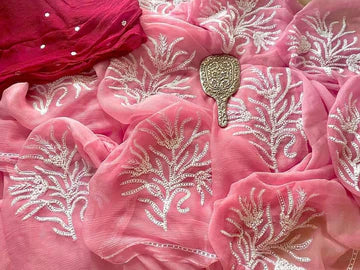 Pure Chiffon Hanwork Saree With Thtead And Pearl Motifs