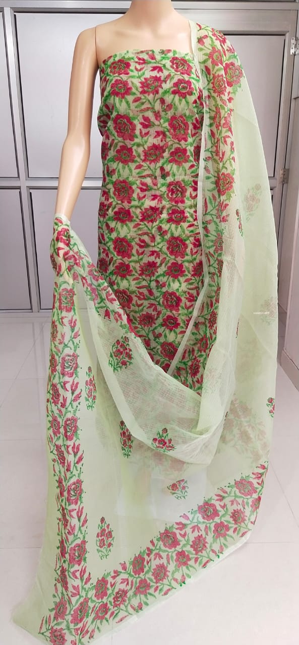 Red Flower Kota Doriya unstitched suits With Kota Doriya Dupatta (Without Bottom )