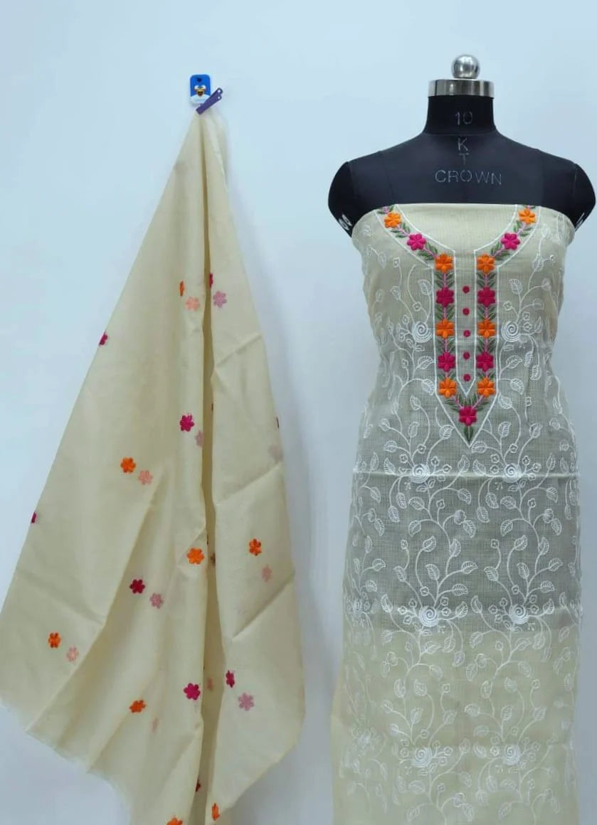 Pure Kota Doriya Resham Work Unstitched Suit With Dupatta (Without Bottom )