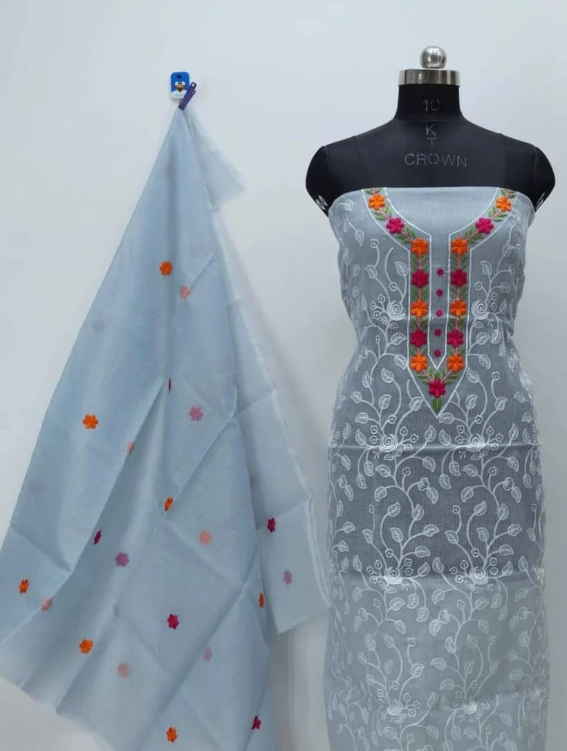 Pure Kota Doriya Resham Work Unstitched Suit With Dupatta (Without Bottom )
