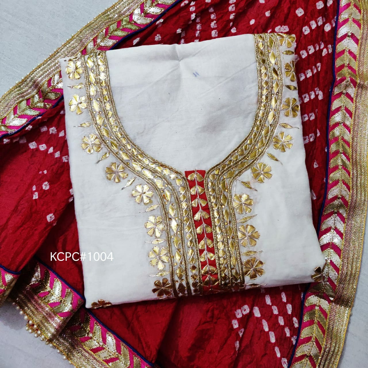 Pure Chanderi Hand Gota Patti Suit With Bandhej Silk Dupatta