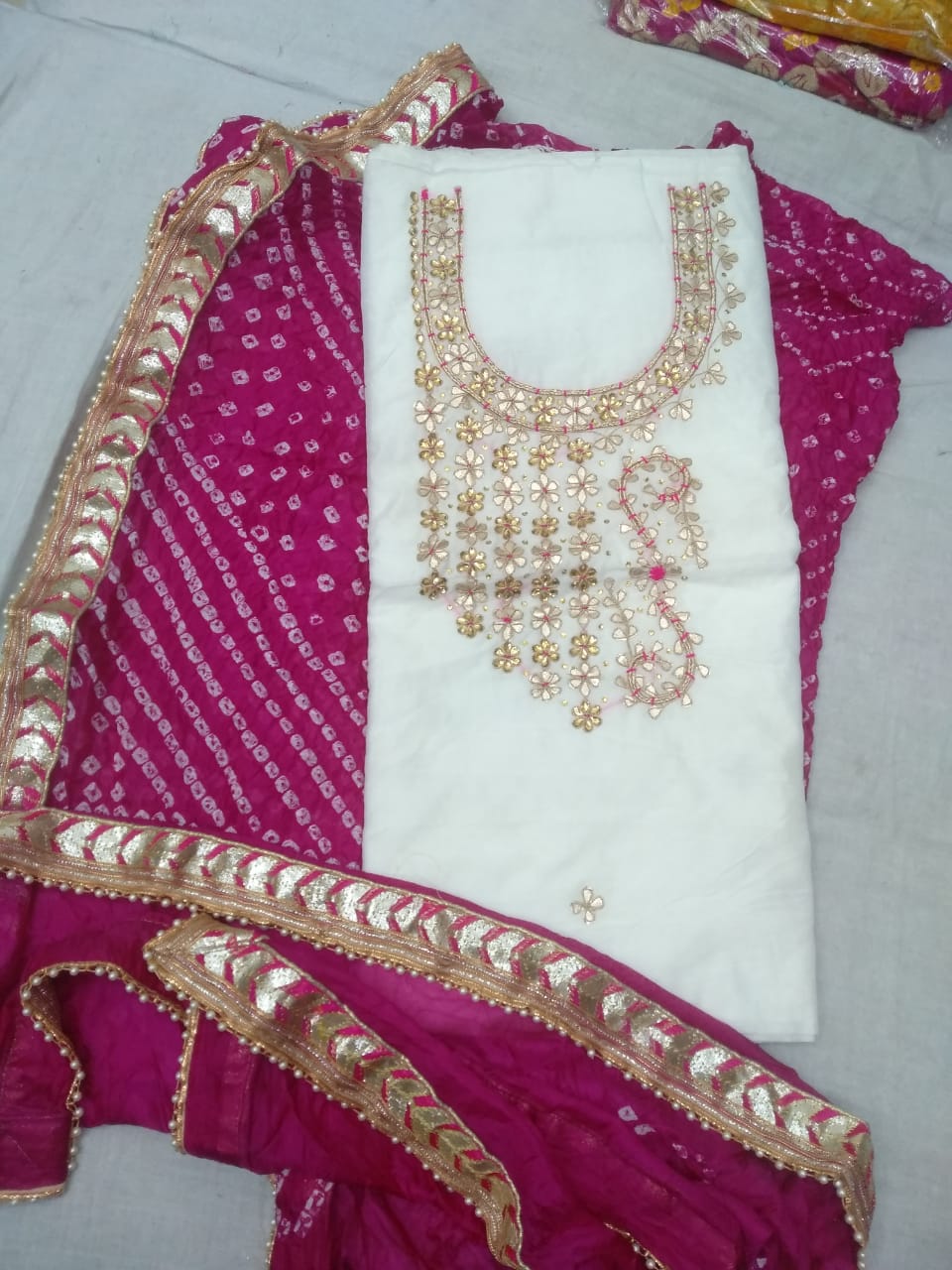 Pure Chanderi Hand Gota Patti Suit With Bandhej Silk Dupatta