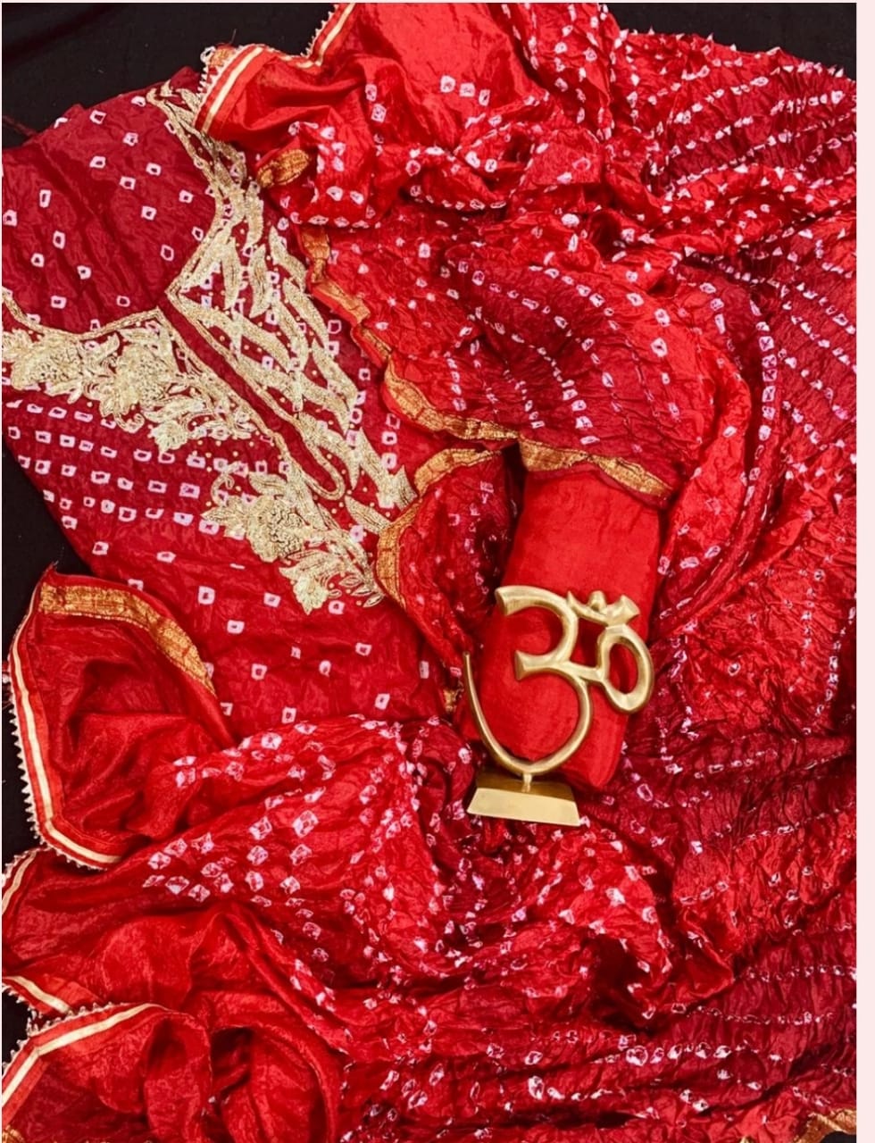 Bandhej Cotton Gota Patti Unsititched Suit. With Kundan Work