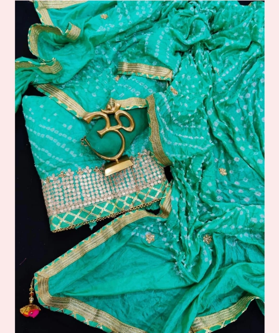 Bandhej Cotton Gota Patti Unsititched Suit. With Kundan Work