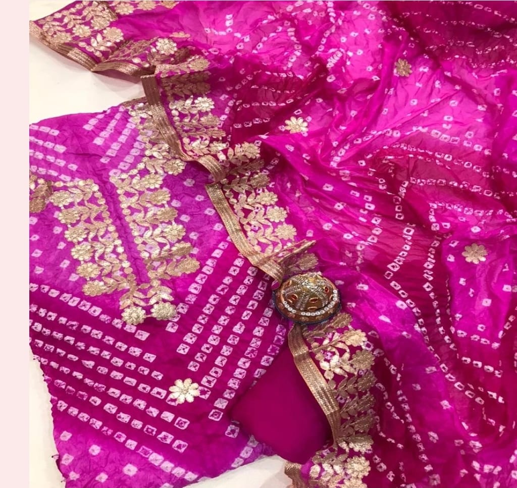 Bandhej Cotton Gota Patti Unsititched With Kundan Work