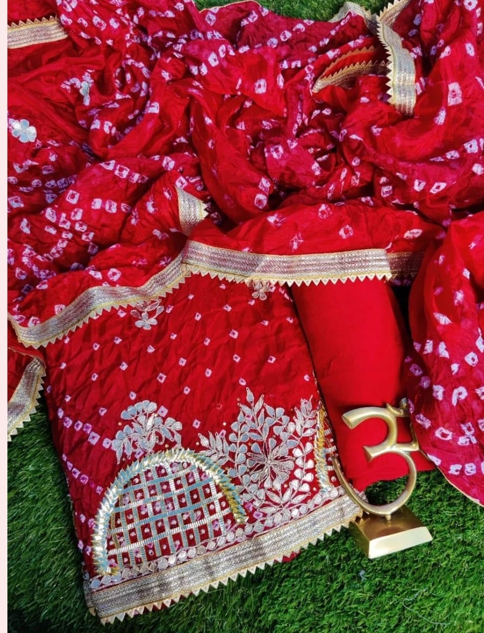 Bandhej Cotton Gota Patti Unsititched Suit. With Kundan Work