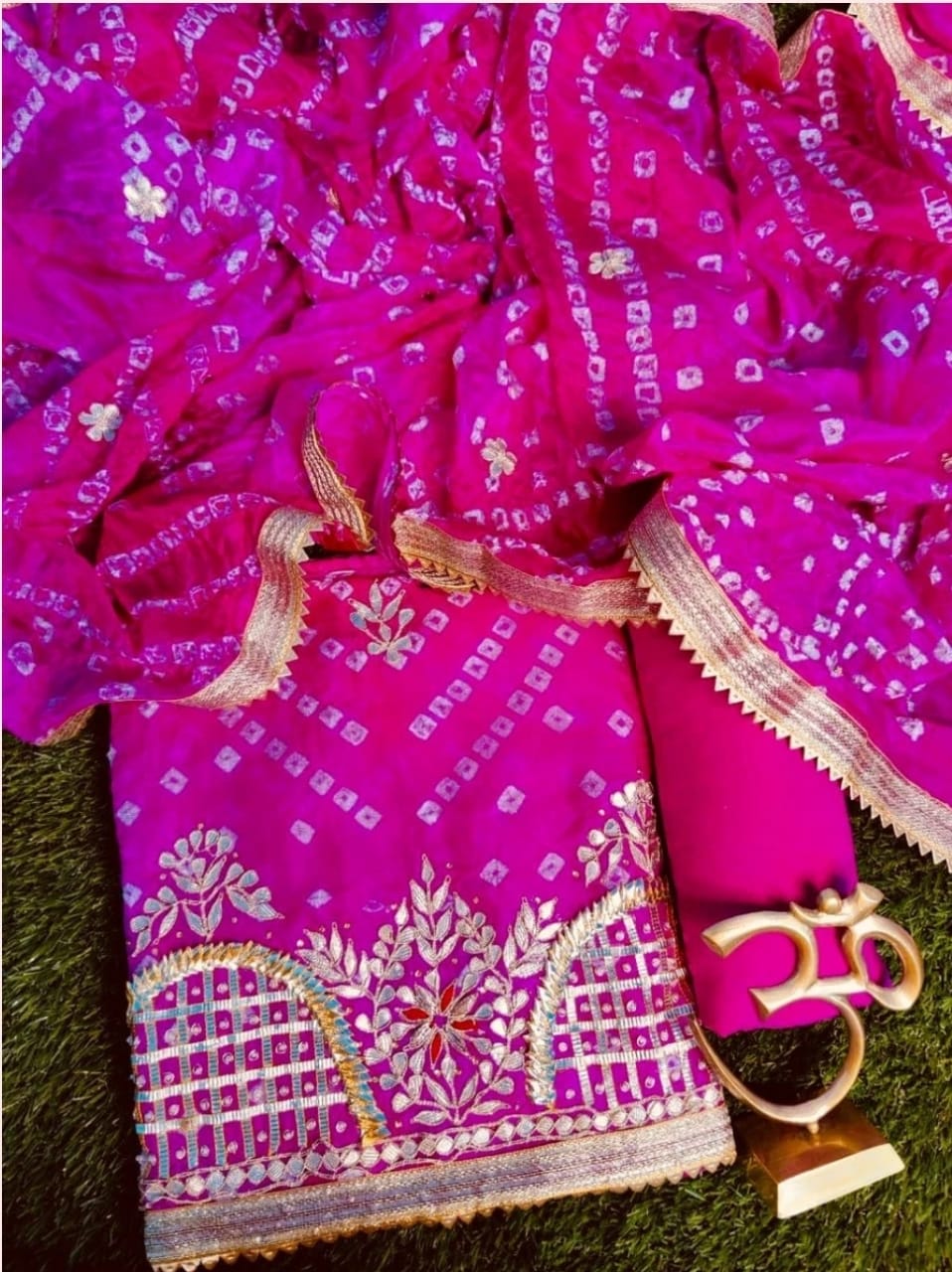 Bandhej Cotton Gota Patti Unsititched Suit. With Kundan Work