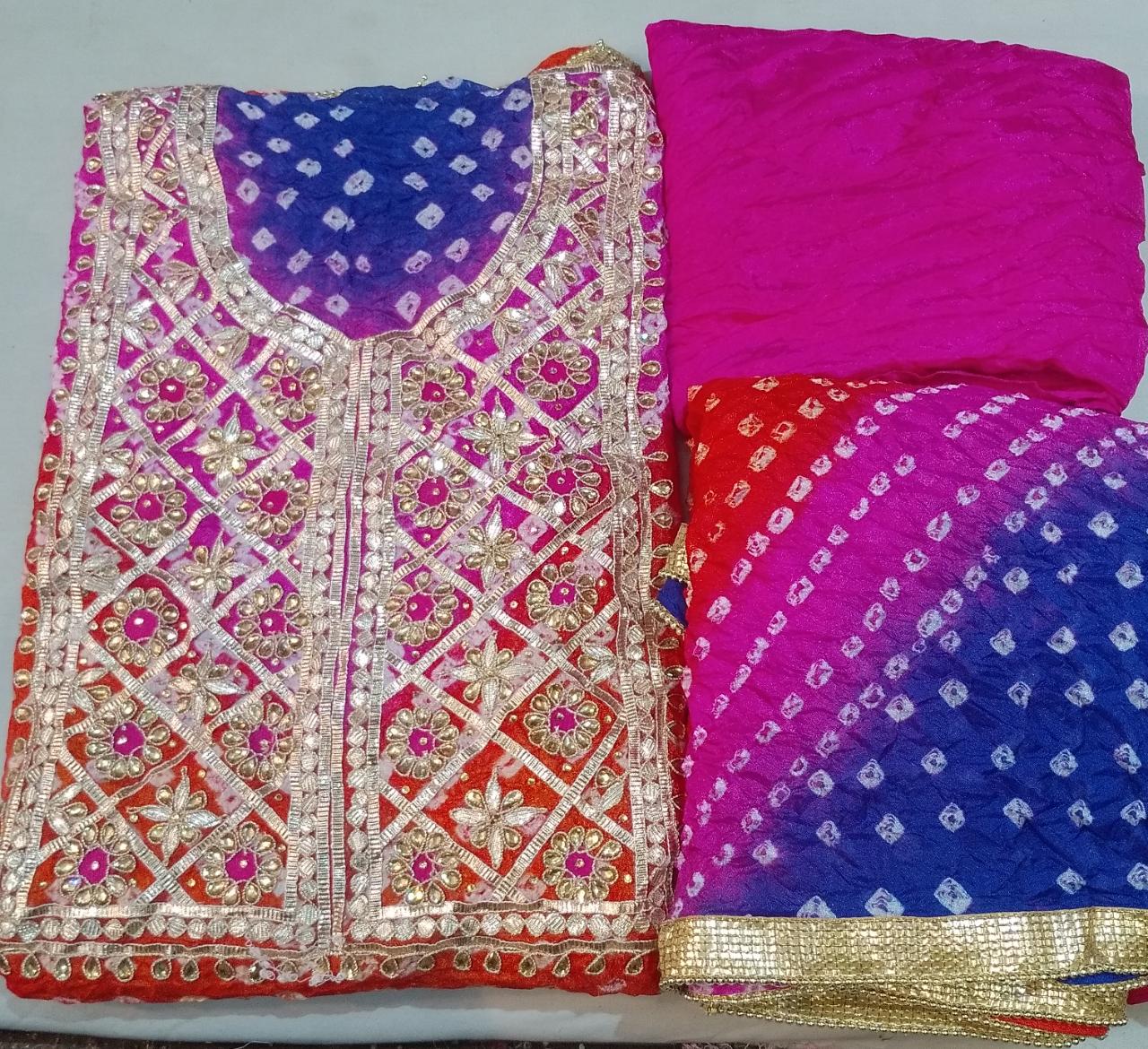 Bandhej Cotton Gota Patti Unsititched Suit. With Kundan Work