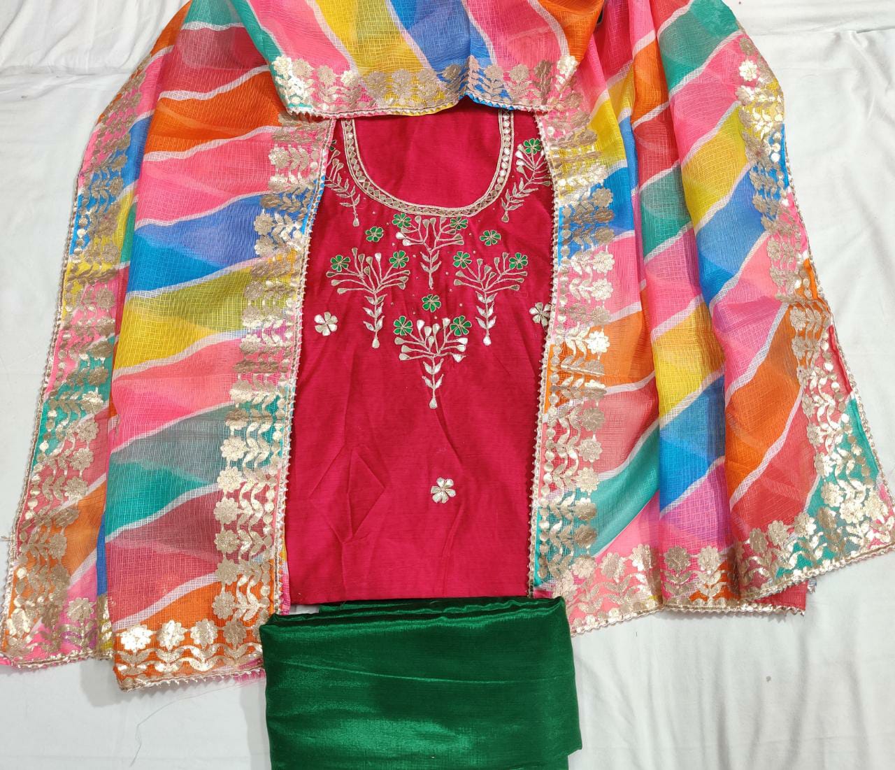 Pure Chanderi Hand Gota Patti Suit With Pure Bandhej Banarasi Silk Dupatta