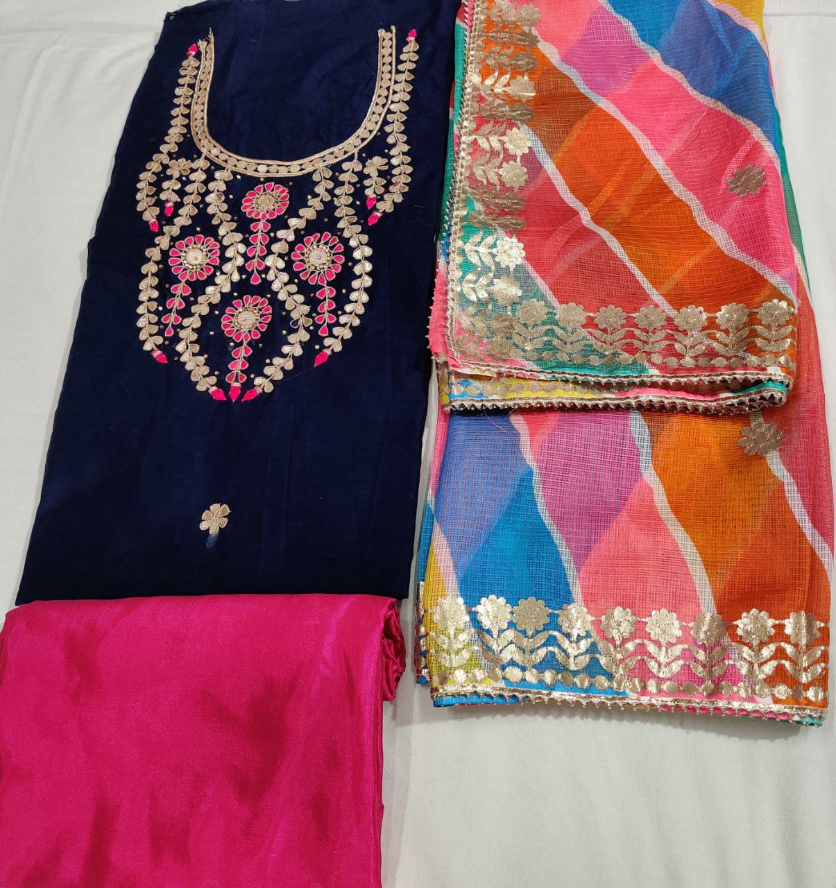 Pure Chanderi Hand Gota Patti Suit With Pure Bandhej Banarasi Silk Dupatta