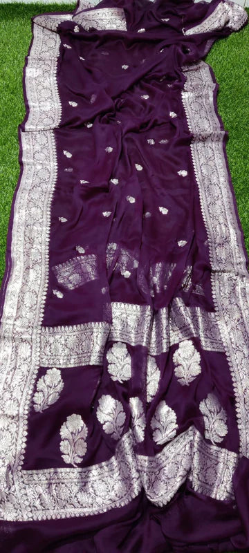 Pure Handloom Khaddi Chiffon Georgette Saree With Silver Zari Weaving Blouse ( length- 6.3 meter )