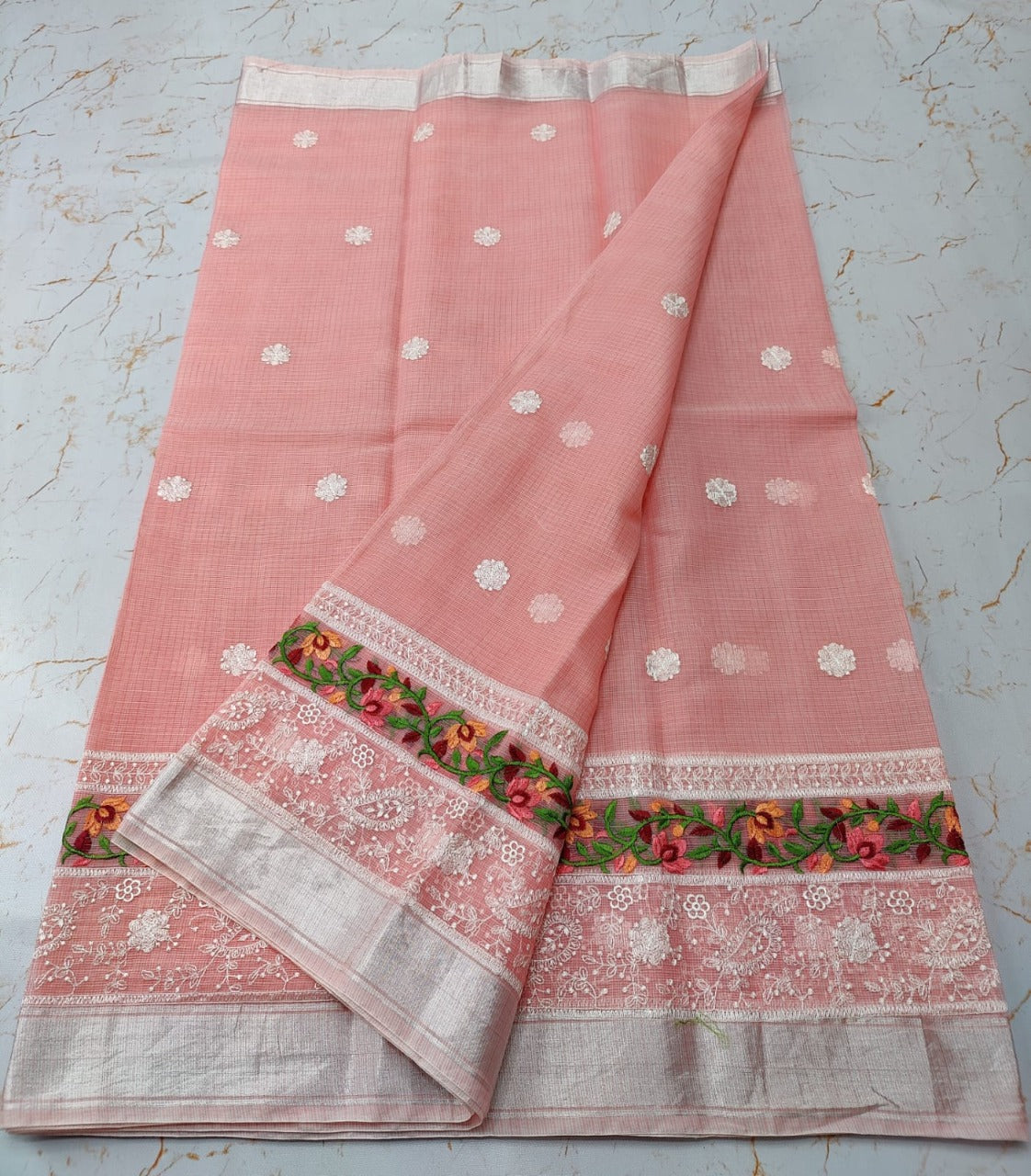 Pure Cotton Kota Doria Saree With Embroidery work and Blouse.