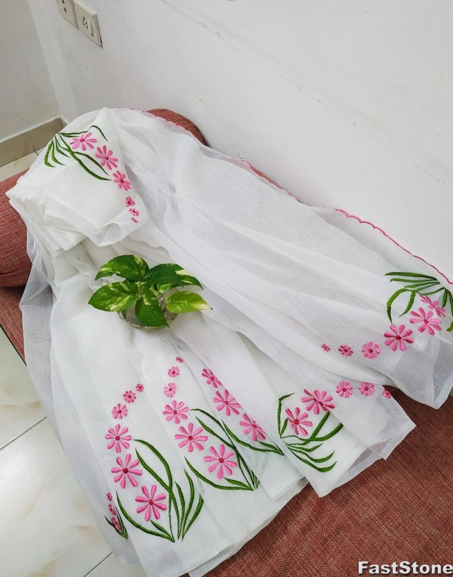 Pure Cotton Kota Doria Saree With Embroidery work and Blouse.