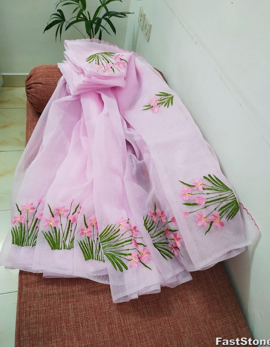 Pure Cotton Kota Doria Saree With Embroidery work and Blouse.