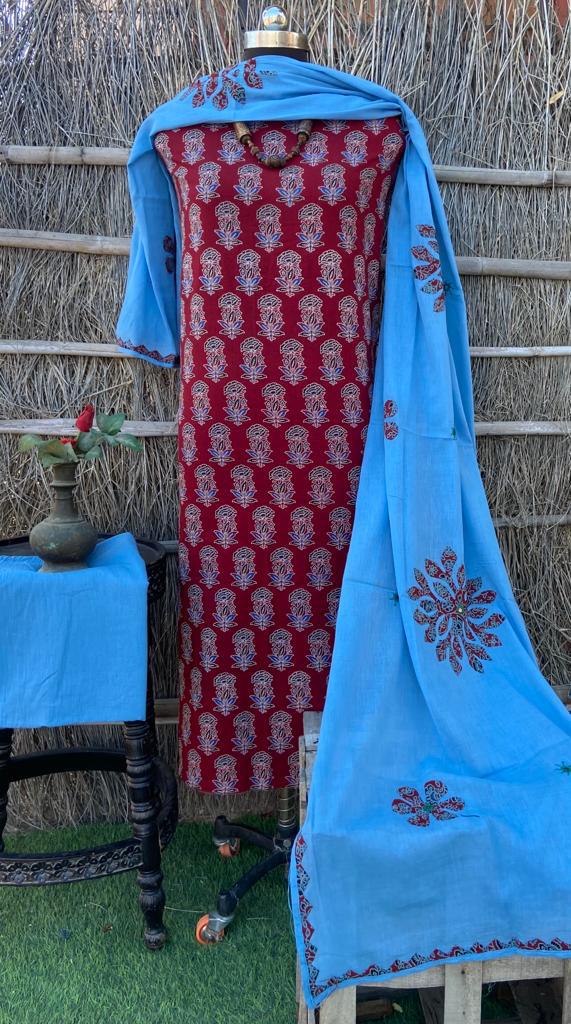 Pure Cotton Ajrakh Printed Unstitched Suits With Patach & Mirror work Dupatta