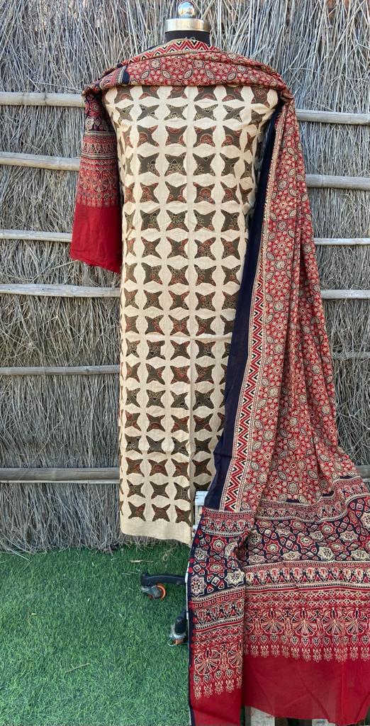 Pure Cotton Azrak Hand Work Unstitched Suits With Azrak Dupatta( Without Bottom)
