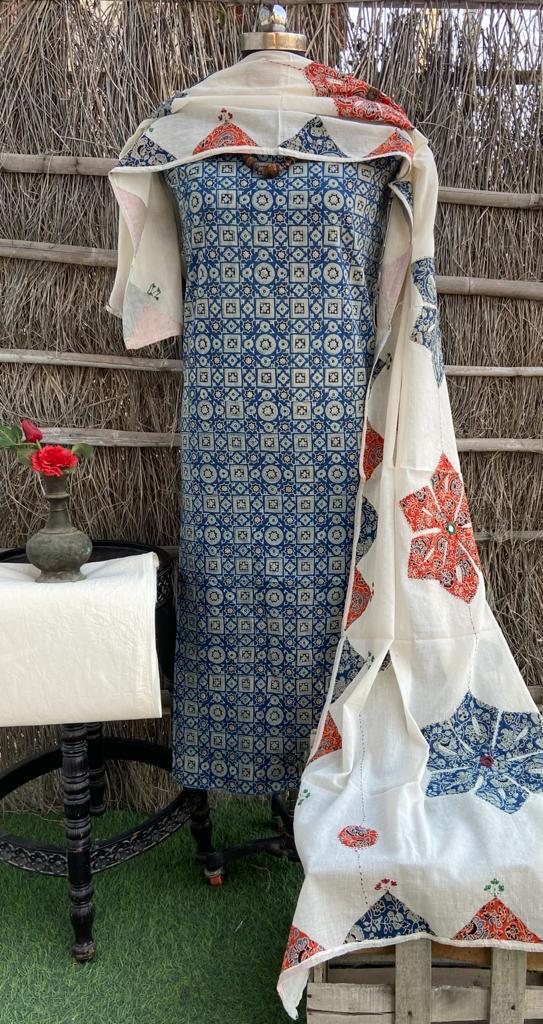 Pure Cotton Ajrakh Printed Unstitched Suits With Patach & Mirror work Dupatta