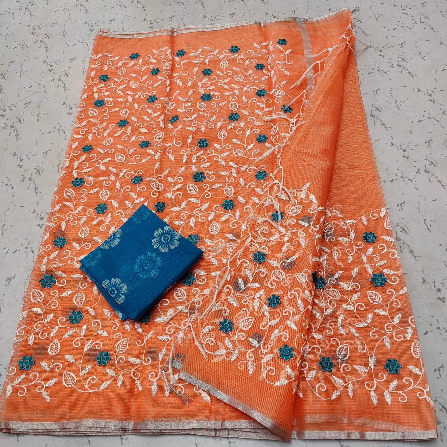 Pure Kota Doria Embroidery Work Saree With Blouse