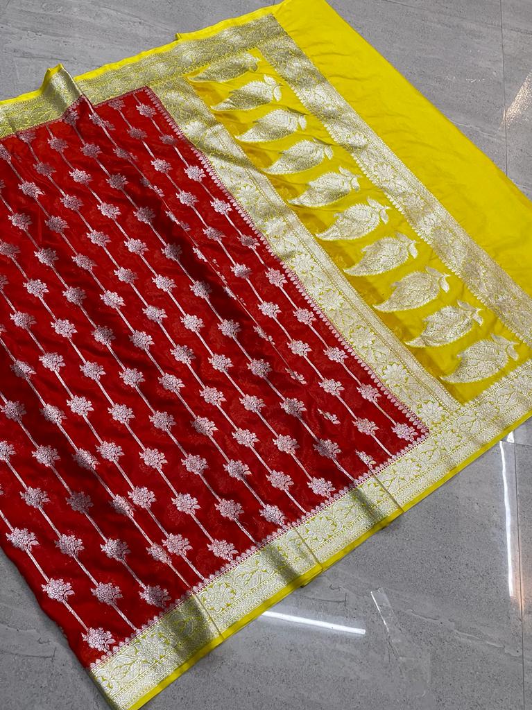 Banarasi Handloom Khaddi Semi Georgette katan Silk Saree With Blouse