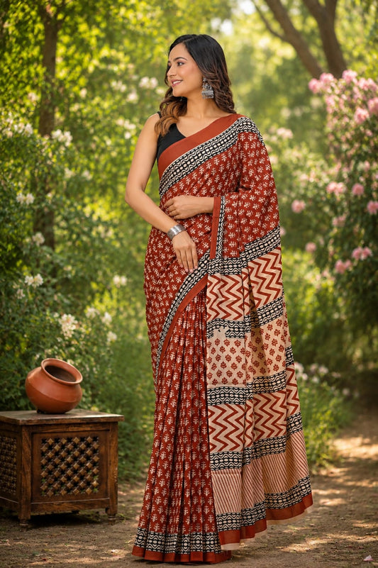 Pure Cotton Hand Block Printed Saree With Blouse.