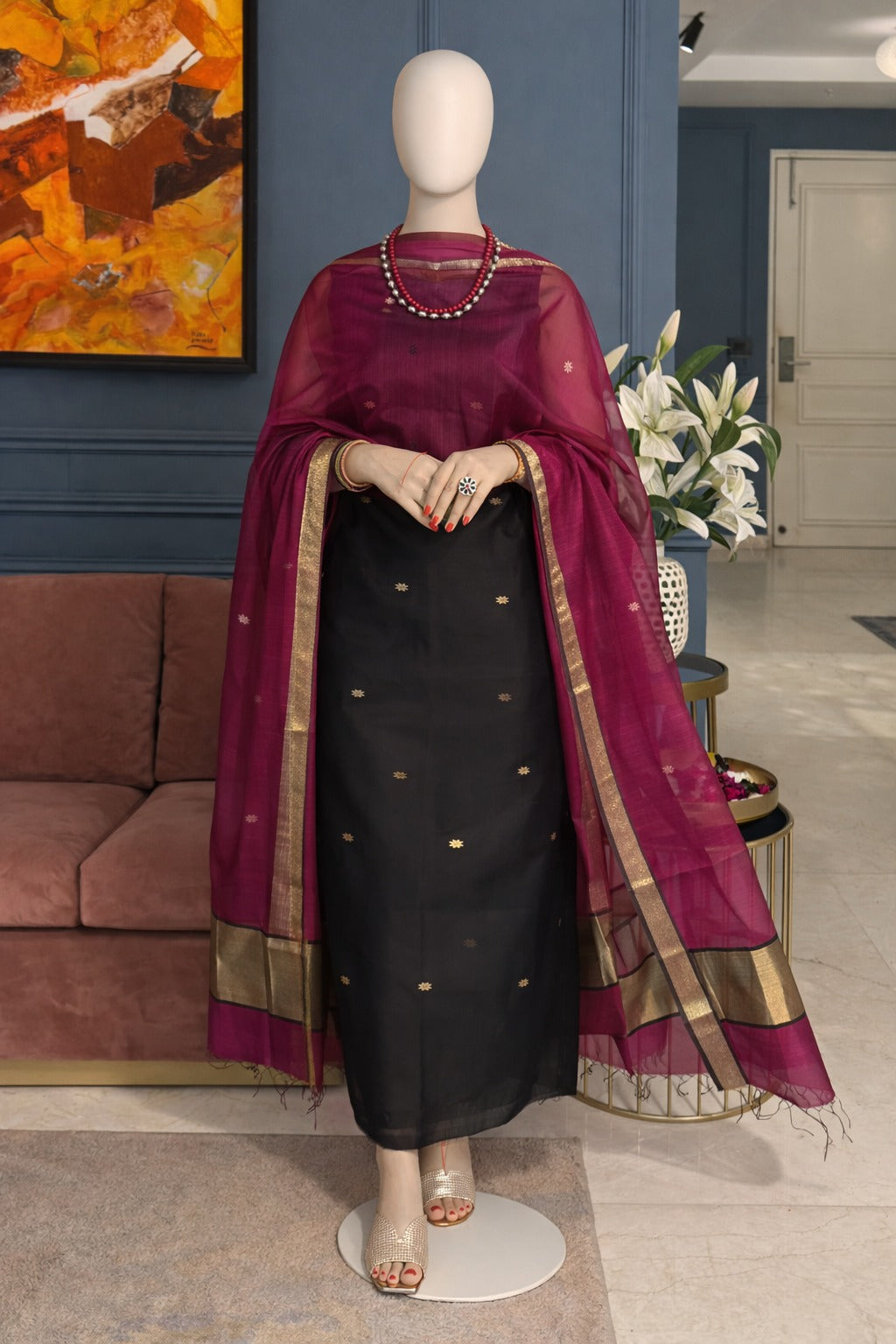 Pure Maheswari Silk Cotton Handwoven Unstitch Suit.