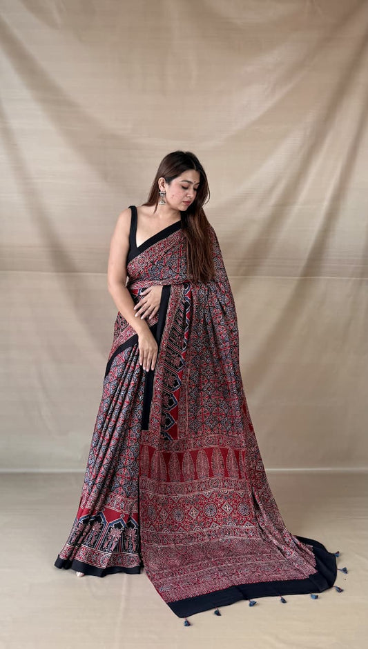 Pure Modal Silk Ajrakh Hand-block Printed Saree.