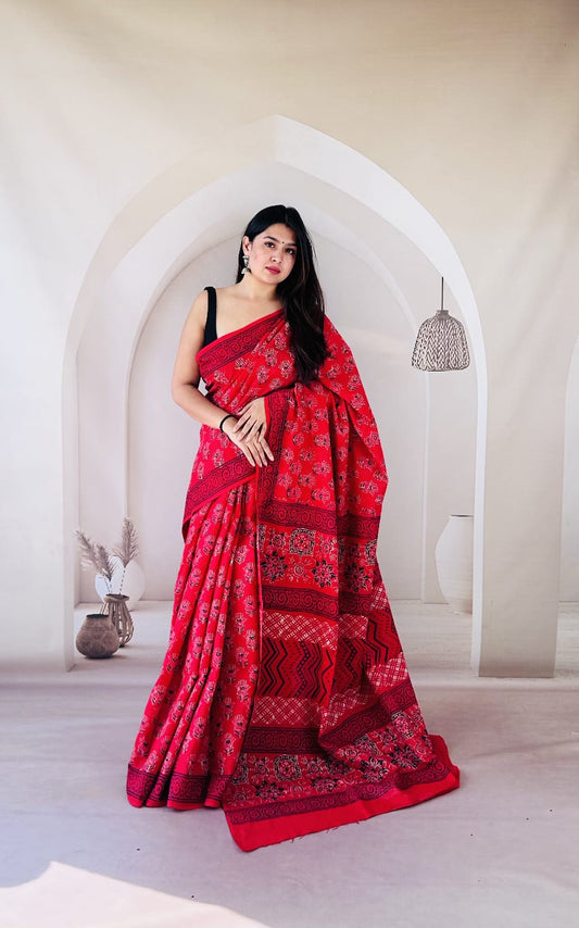 Pure Mulmul Cotton Hand Block Printed Saree With Running Blouse.