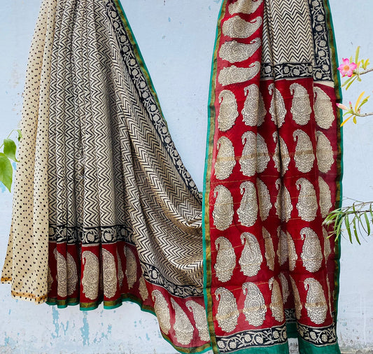 Pure Chanderi Silk Hand-block Printed Saree.