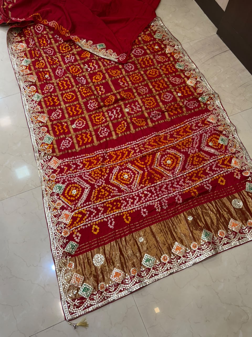 Pure Modal Gajji Silk Bandhej Hand work Gota Patti Work Saree.