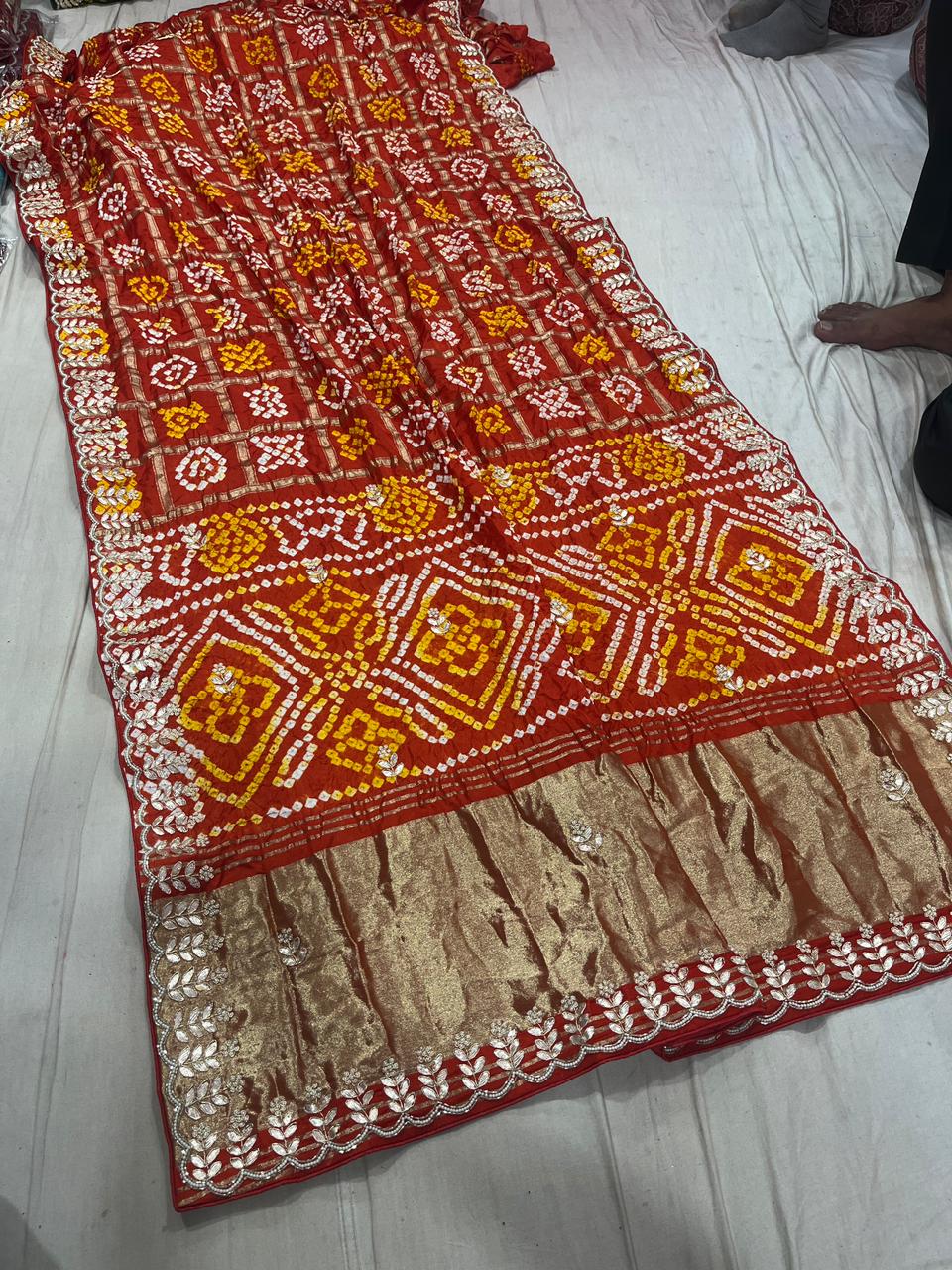 Pure Modal Gajji Silk Bandhej Hand work Gota Patti Work Saree.