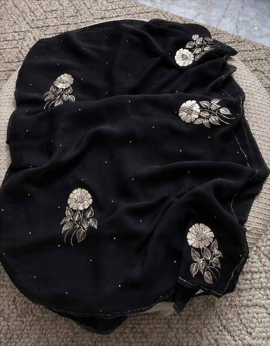 Black Pure Diamond Chiffon Saree.