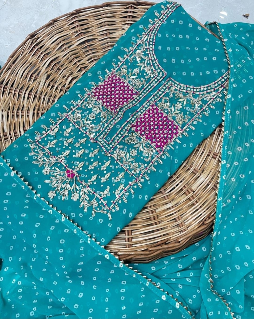 Georgette Gota pati Hand Work Unstitched Suit With Dupata.