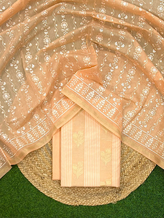 Banarasi Chanderi Booti Fancy Stripe Unstitched Suit