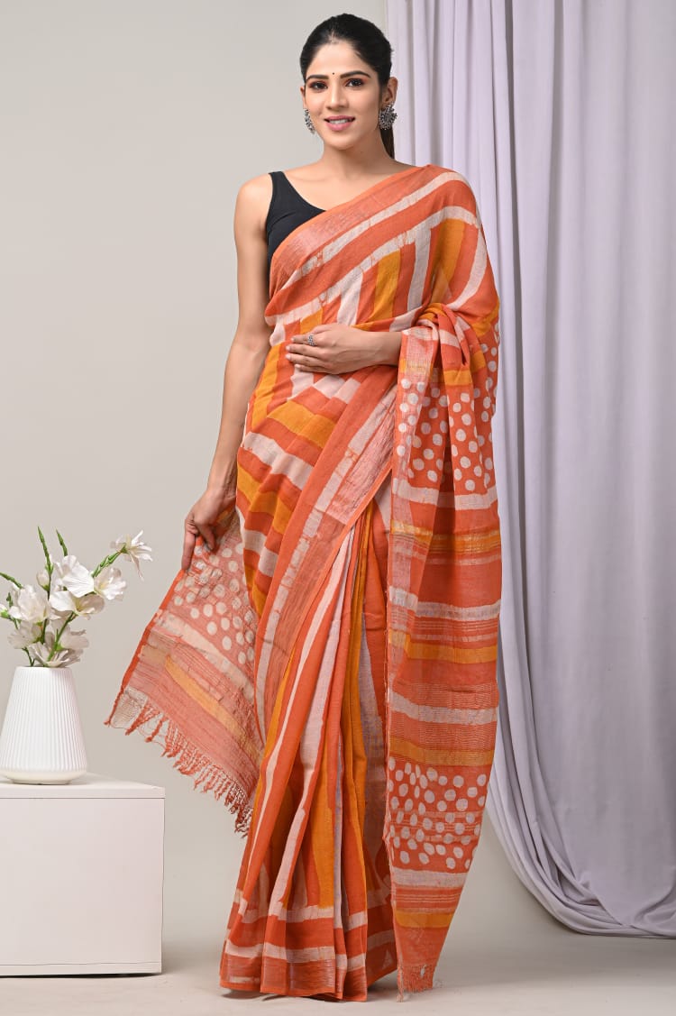 Pure Cotton Linen Hand Block Printed Saree with Blouse.